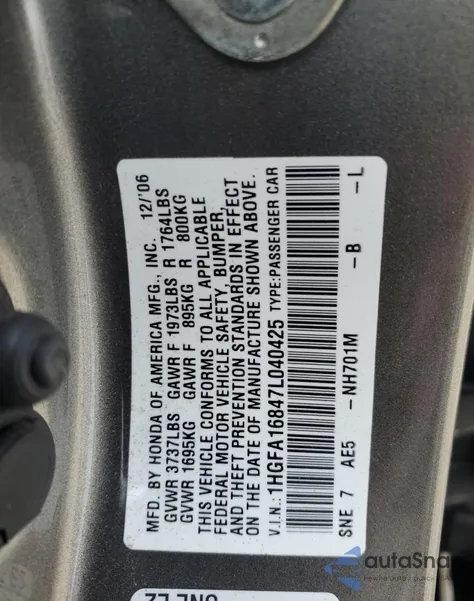 2007 Honda Civic Ex z USA, uszkodzony, nr VIN 1HGFA16847L040425